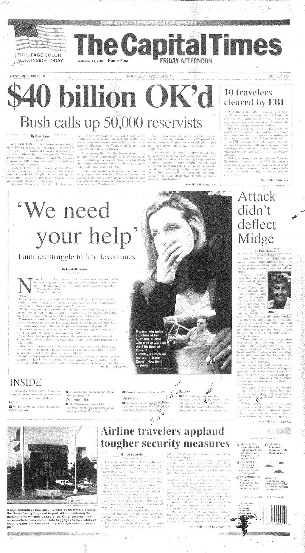 Capital Times front page from Sept. 14, 2001